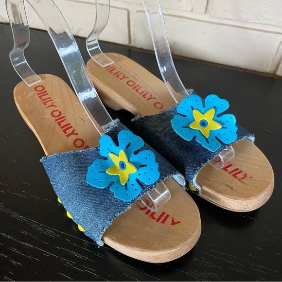 Oilily wooden slip-on Sandals Clogs shoes women's Sz 8 Floral Denim Retro - Picture 1 of 7